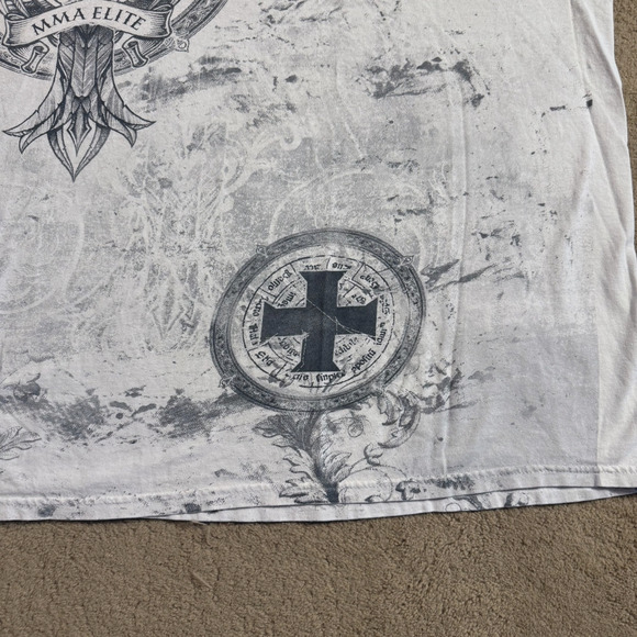 VTG White MMA Elite Aop Graphic T Shirt Mens 2XL Grunge Y2K Cross Skull Print - Picture 2 of 6